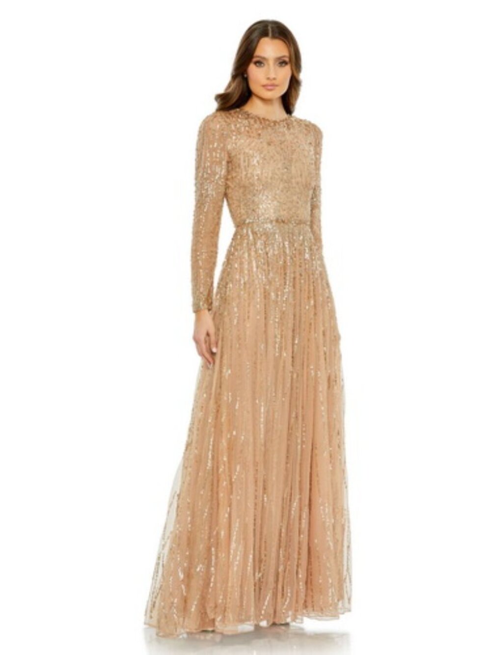 Mac Duggal Latte Beige Sequined Long-Sleeve Illusion Gown